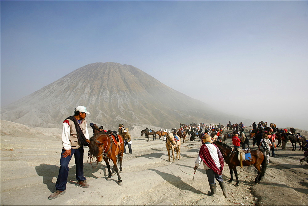 Horses and riders on the way to the top of the Bromo vulcano, with the small Batok volcano in the background, Tengger Caldera, Java, Indonesia, Southeast Asia, Asia