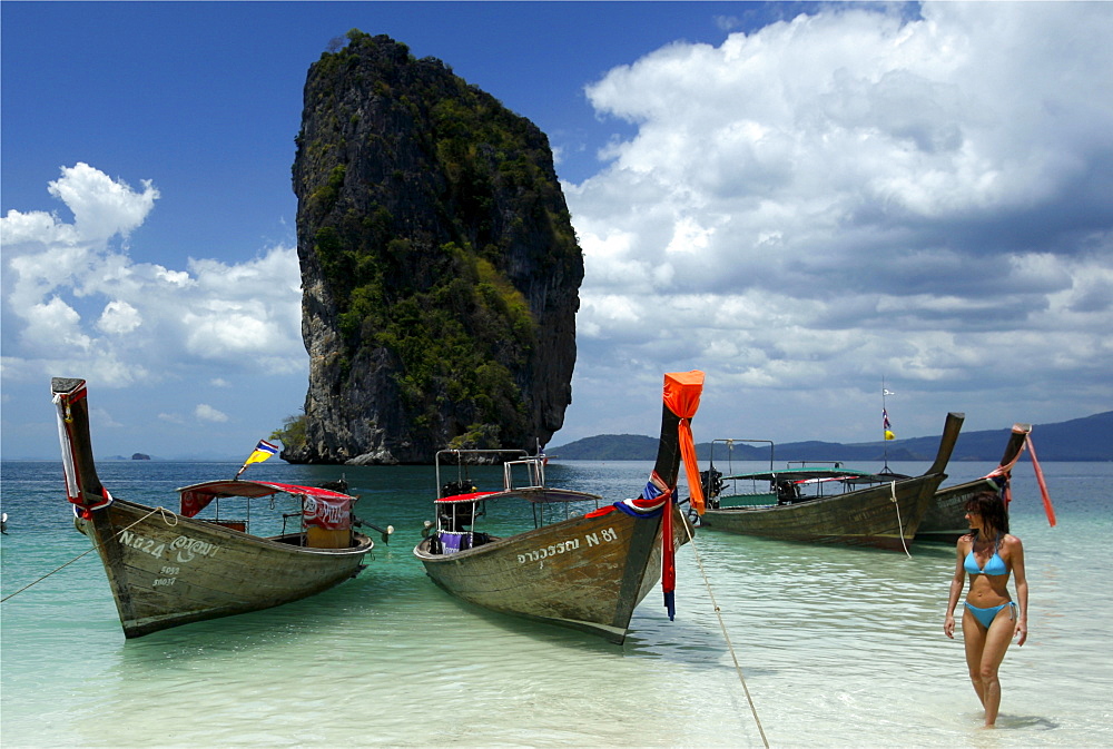 Long tailed taxis on the Hat Tham Phra Nang beach, in the Gulf of Krabi, Thailand, Southeast Asia, Asia