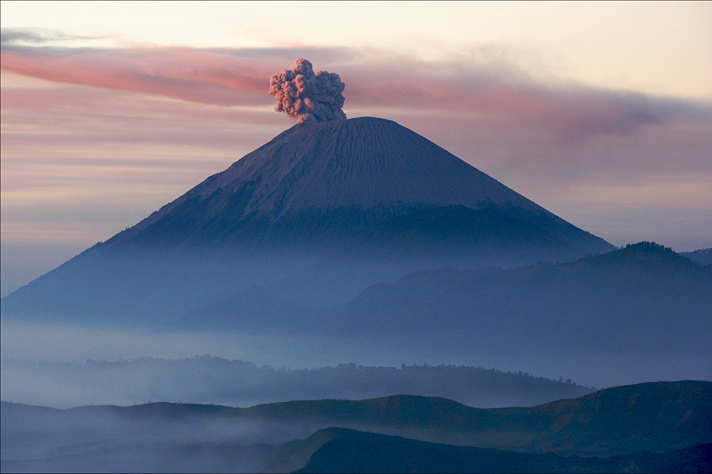 View at dawn over the Bromo and Semeru volcanoes, in the Tennger caldera, Java, Indonesia, Southeast Asia, Asia