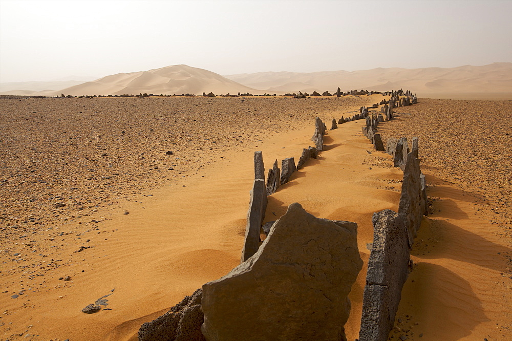 Foundations of an ancient temple on the reg Taita in the Akakus plateau in the Fezzan Desert, Libya, North Africa, Africa