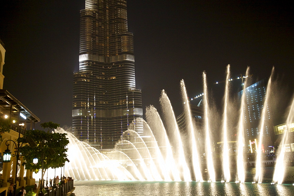 View of the Burj Khalifa tower at night, Dubai, United Arab Emirates, Middle East