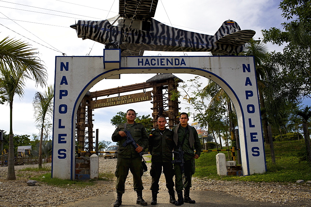 Colombian Police forces in front of the ex-entrance of Ranch Napoles, property of Pablo Escobar, Medellin, Colombia, South America