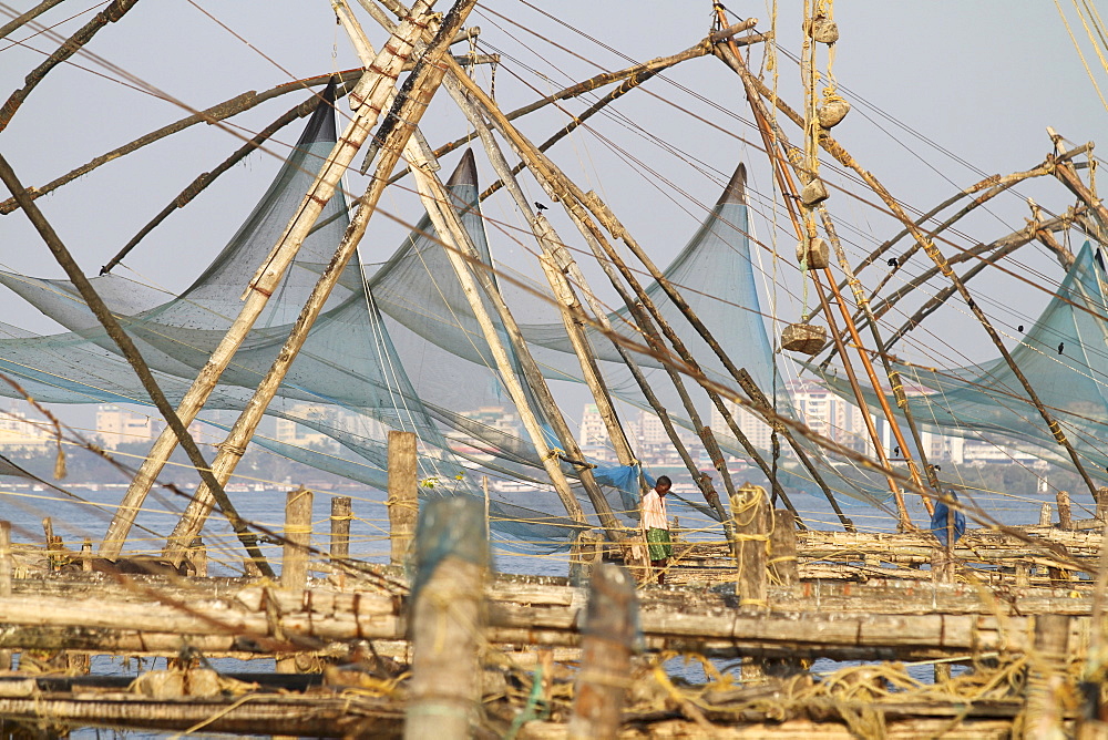 Traditional square fishing nets of Kochi, Kerala, India, Asia