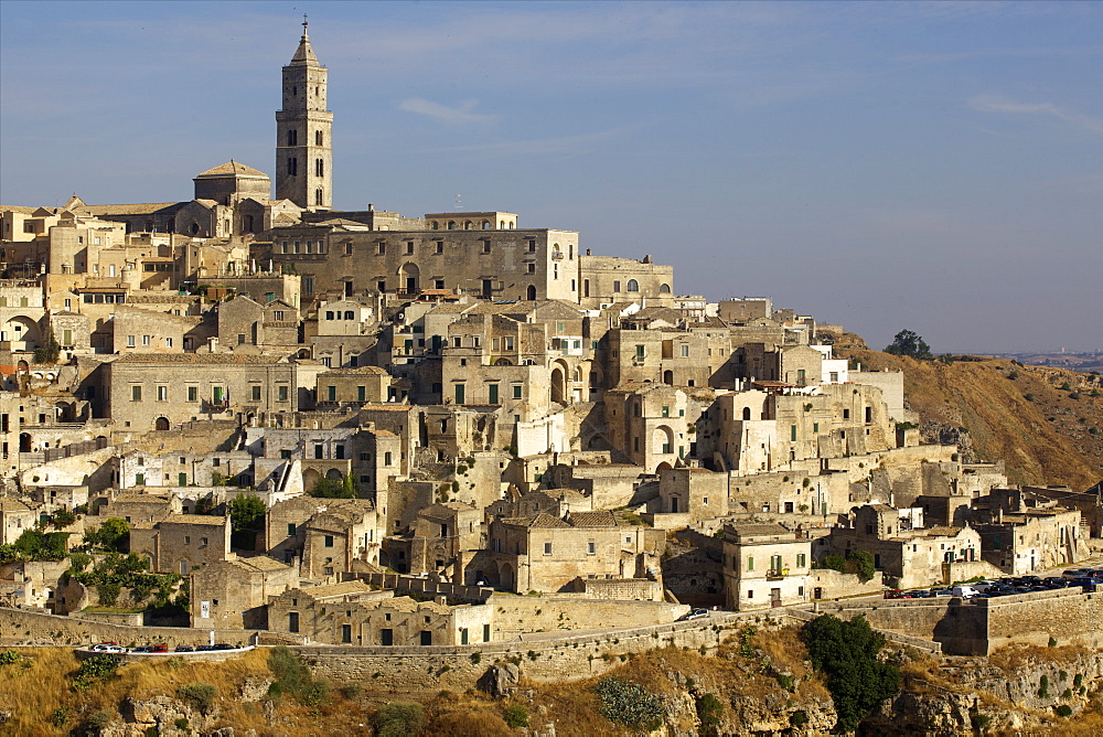 View of the Duomo and the Sassi of Matera, from the cliffside, Matera, Basilicata, Italy, Europe