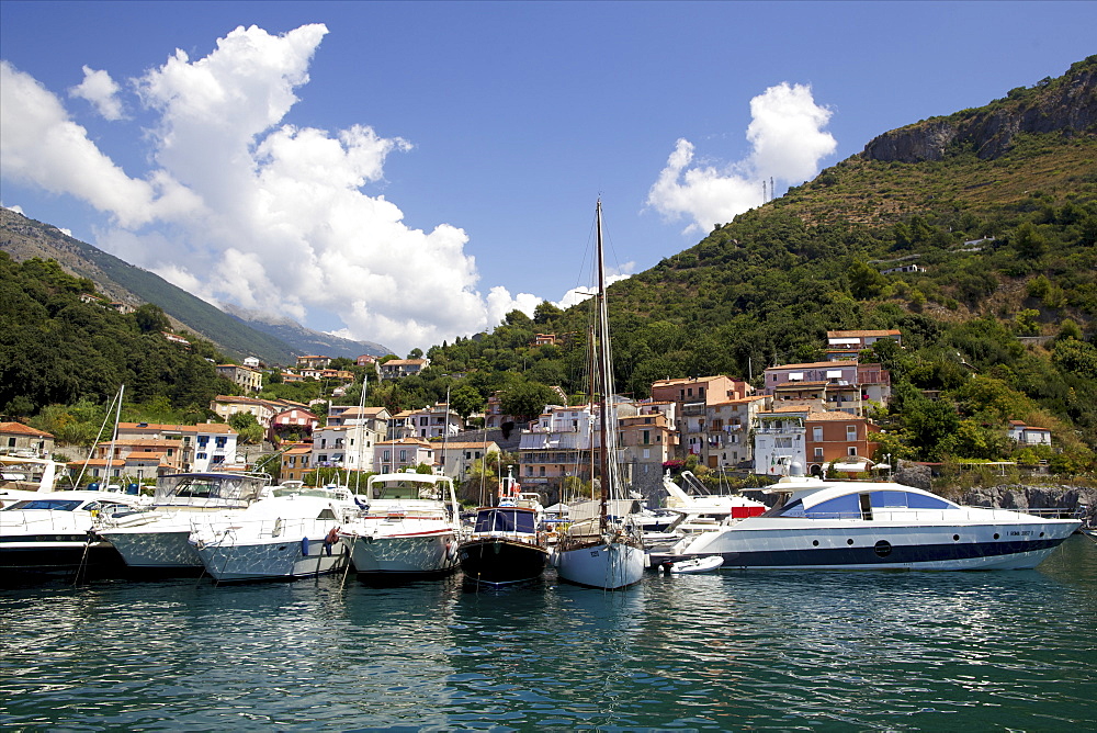 View of the small harbour of Maratea, Tyrrhenian Sea, Basilicata, Italy, Europe