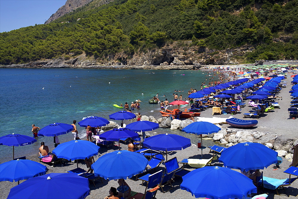 A typical Italian lido beach in Maratea, Tyrrhenian Sea, Basilicata, Italy, Europe