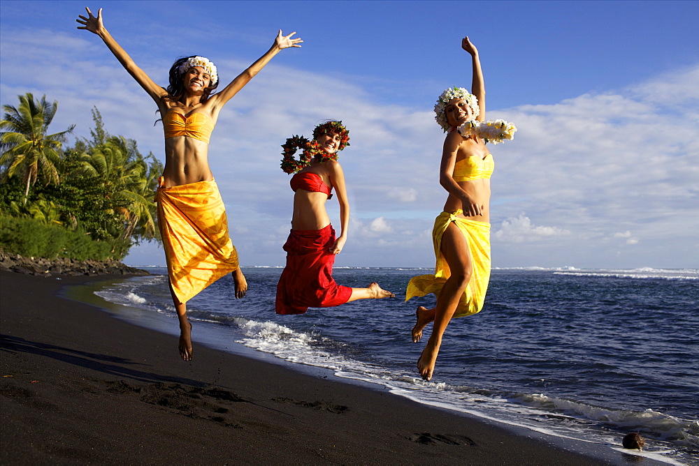 Marine and friends during shooting on the west coast beach of Tahiti, where she lives, in Punauia, Society Islands, French Polynesia, Pacific Islands, Pacific