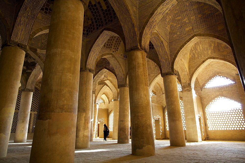 In the great columns room of the Great Mosque, Isfahan, Iran, Middle East