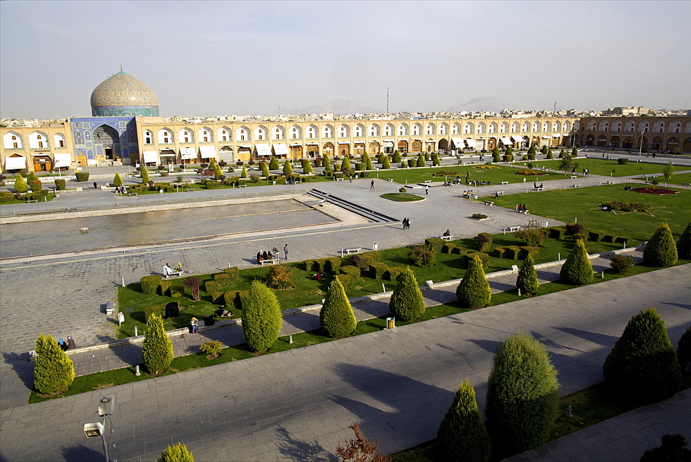 View over the Royal Square, UNESCO World Heritage Site, and the Sheikh Lotf Allah  Mosque of Isfahan, Iran, Middle East