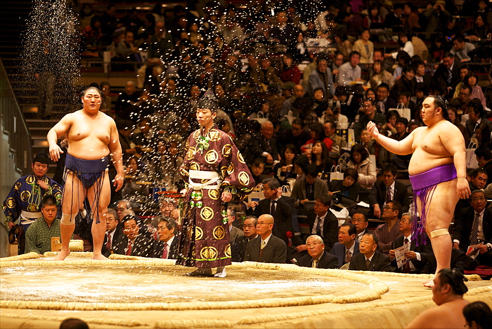 Some sumo fighters throwing salt before a fight at the Kokugikan stadium, Tokyo, Japan, Asia