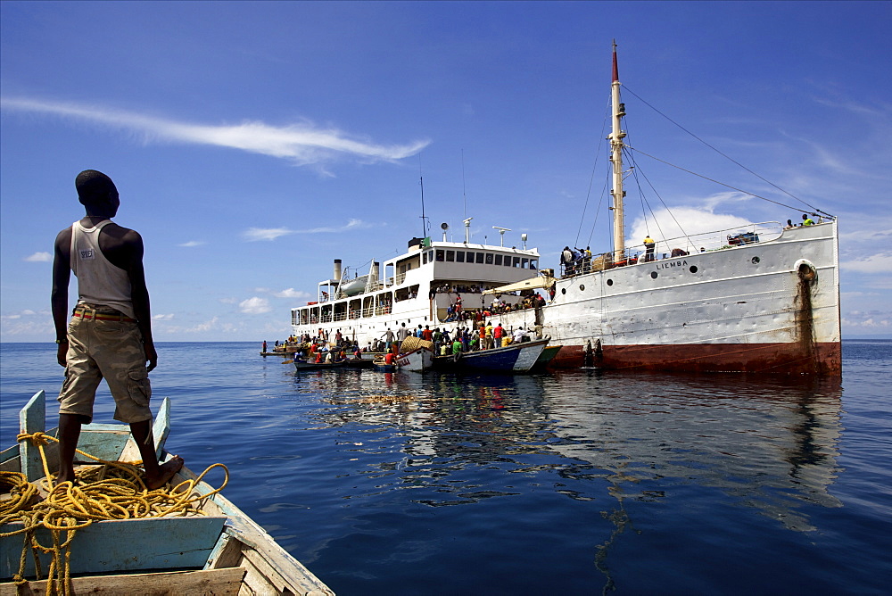 People and goods embarking at the stop-over in a village on Tanzanian side of Lake Tanganyika, Tanzania, East Africa, Africa