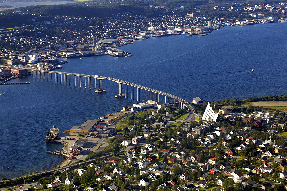 Aerial view over the Tromso River and Tromso including the cathedral from top of Tromsoya city center of Tromso, Norway, Scandinavia, Europe ?