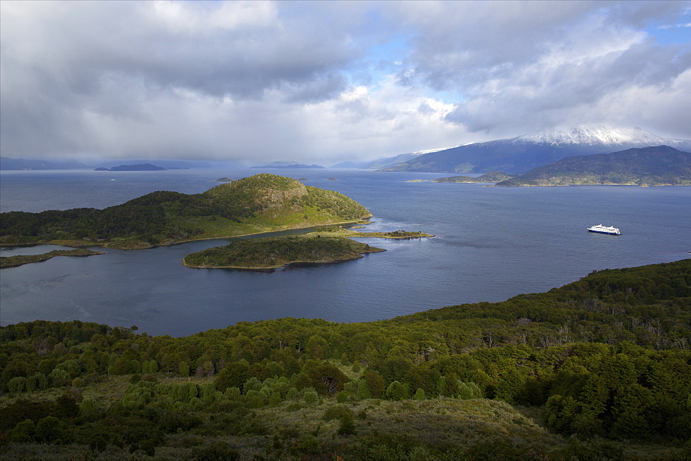 Australis expedition cruise ship anchored in front of Navarino island, Tierra del Fuego, Chile, South America