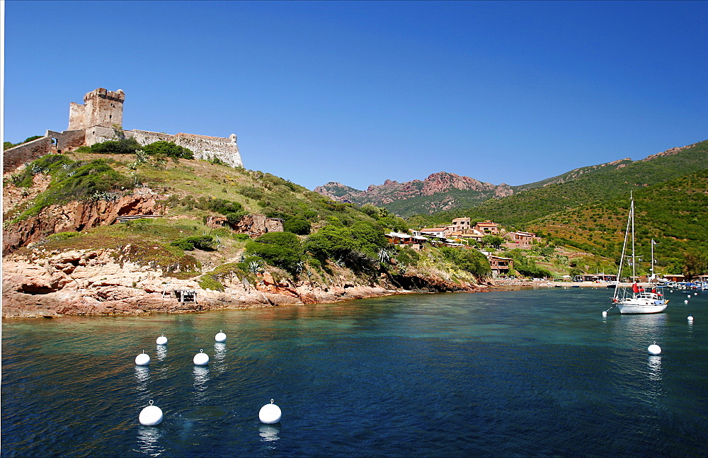 The small village of Girolata in the marine reserve of Scandola, close to the Gulf of Porto, Corsica, France, Mediterranean, Europe