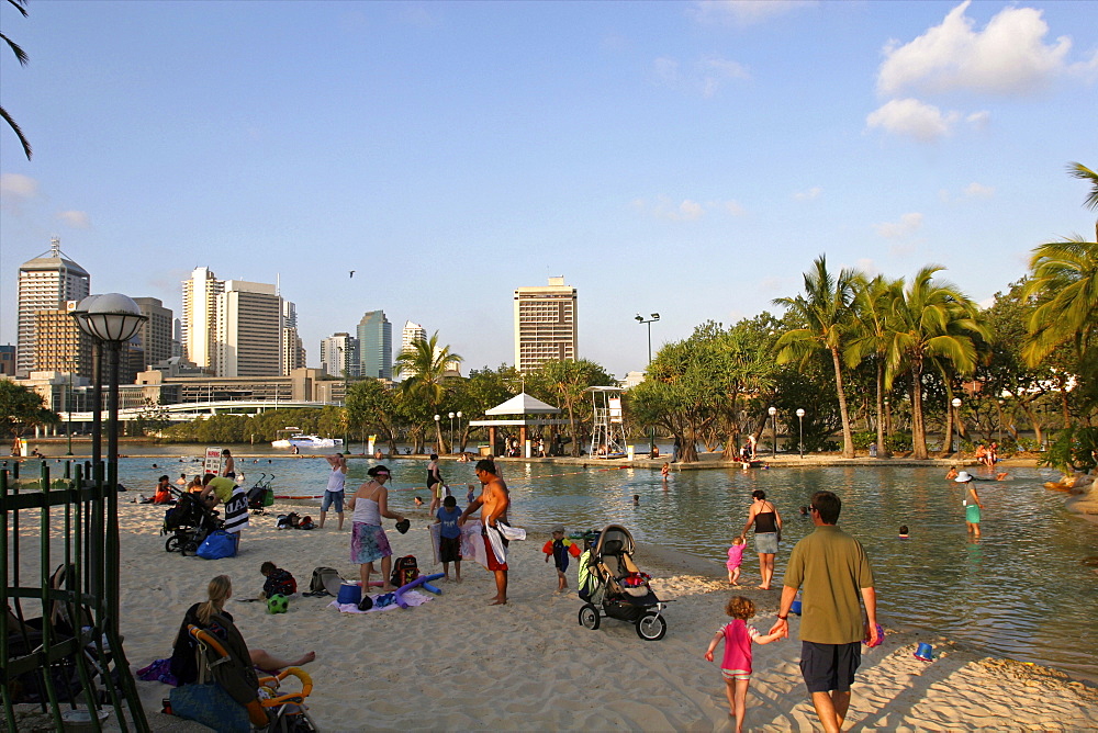 The artificial beach of Southbanks in the center of Brisbane, along the Brisbane River, Queensland, Australia, Pacific