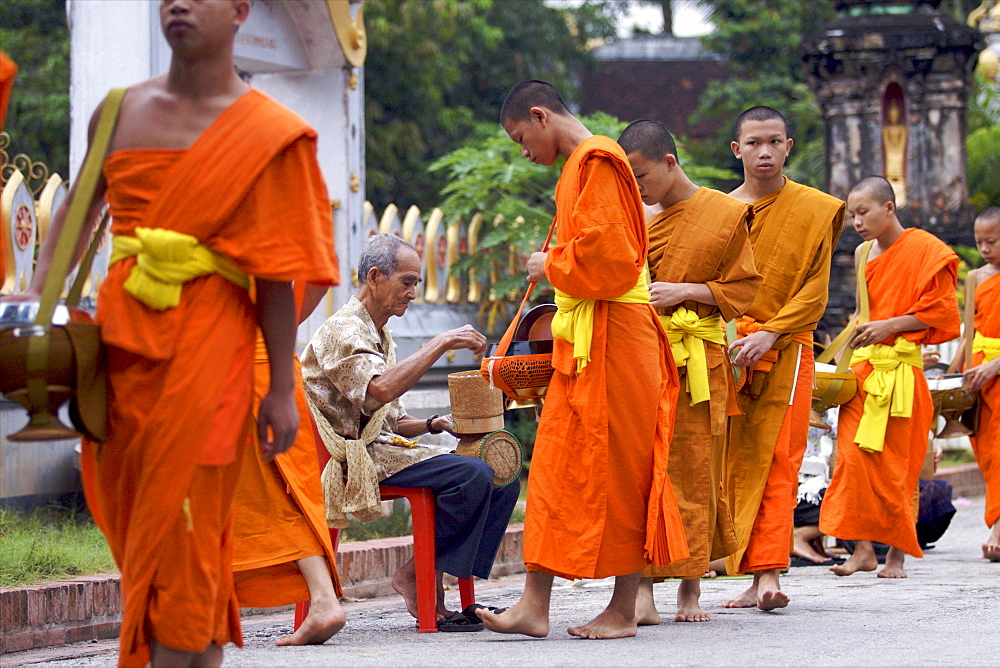 Monks during the dawn procession for food in the streets in Luang Prabang, Laos, Indochina, Southeast Asia, Asia