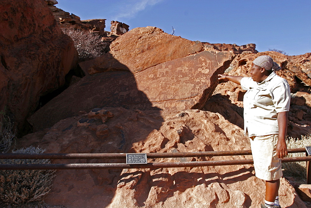 Prehistoric San and Bushmen writings and designs on a rock in Twyfelfontein, UNESCO World Heritage Site, Namibia, Africa