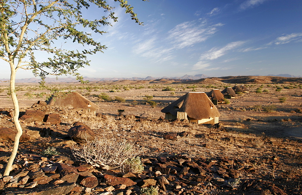 The tented bungalows of the Kalahari Sands Hotel, Namibia, Africa