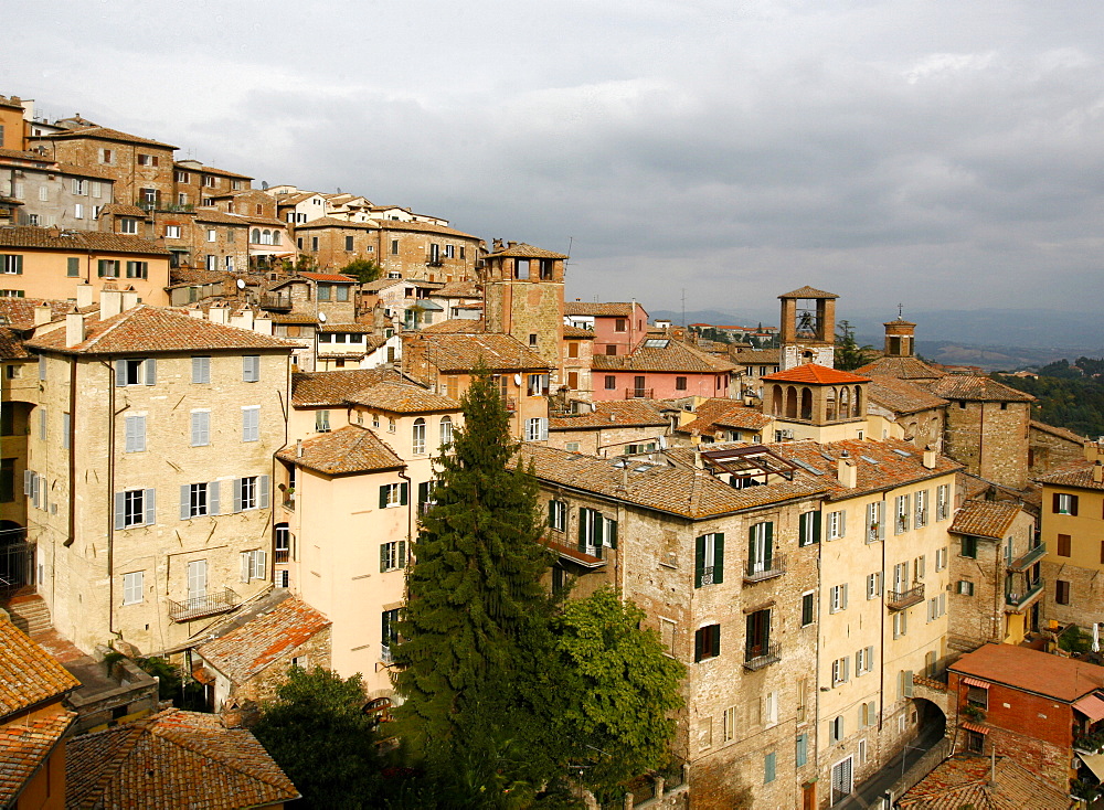 The facades and the frontages of the old Perugia, Umbria, Italy, Europe