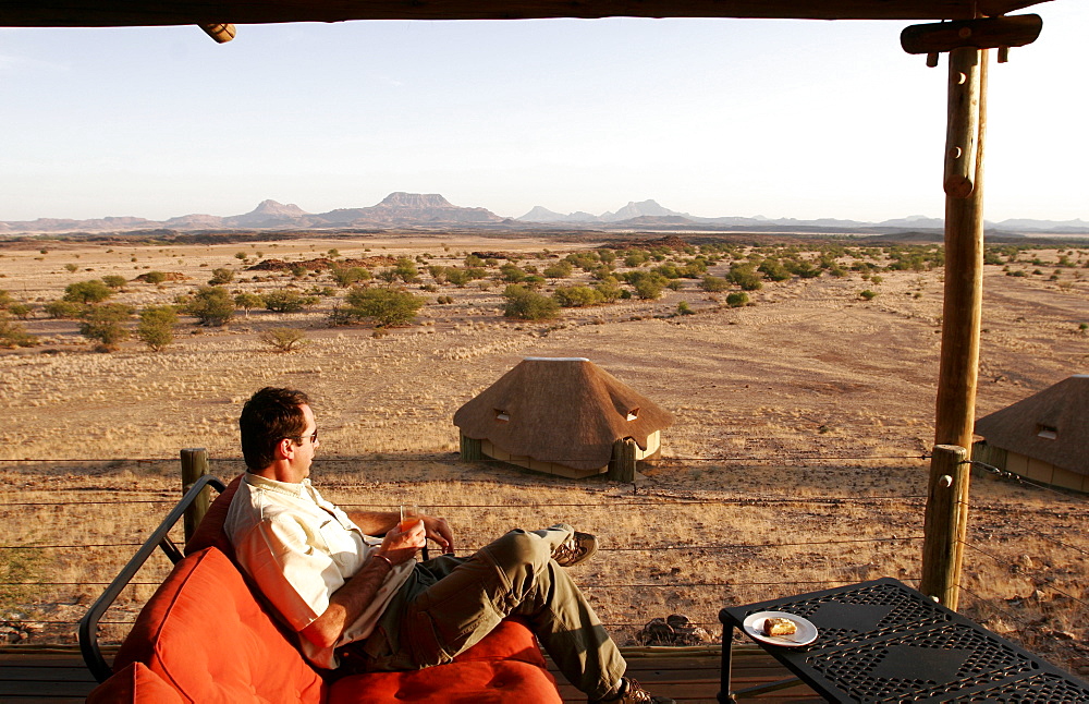 From the terrace of the lounge, view of the bungalows of the  Kalahari Sands Hotel, Namibia, Africa