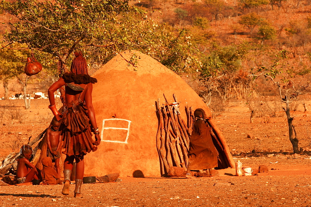 Himba village, close to the border with Angola, in the Kunene River country, Namibia, Africa