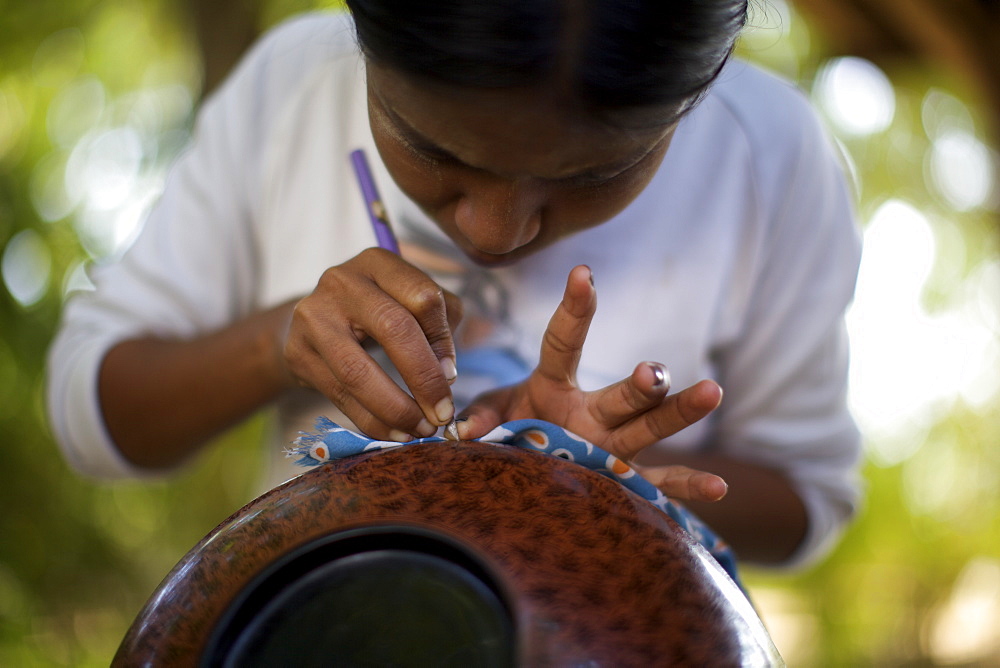 Lacquer worker in Bagan, Myanmar (Burma), Asia