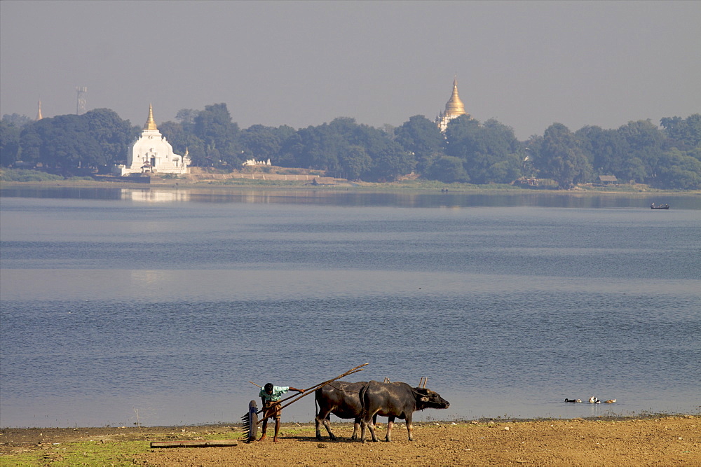 View of the U Bein lake from the teak bridge in Mandalay, Myanmar (Burma), Asia