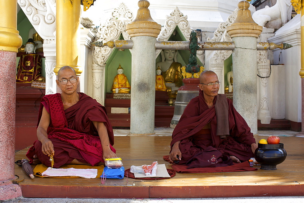 Monks praying at the Paya Shwedagon temple in Yangon (Rangoon), Myanmar (Burma), Asia