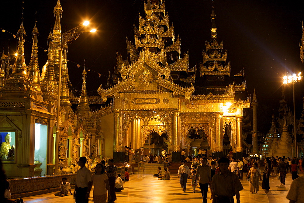 The Paya Shwedagon temple in Yangon (Rangoon) at night, Myanmar (Burma), Asia