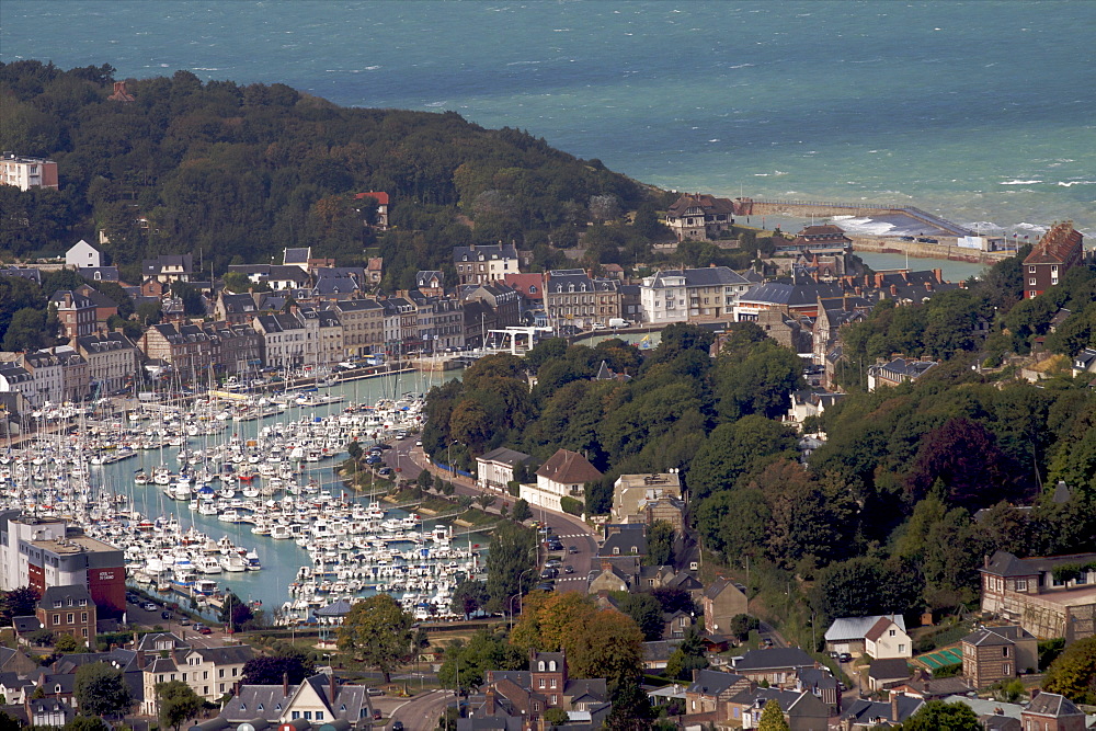 Aerial view of the small town of Le Treport on the Alabaster coast, Seine Maritime, Normandy, France, Europe