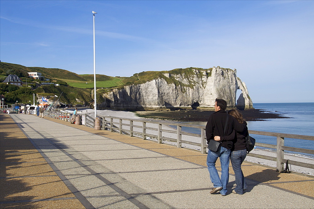 The long promenade on the sea front of Etretat, Cote d#Albatre, Seine Maritime, Normandy, France, Europe