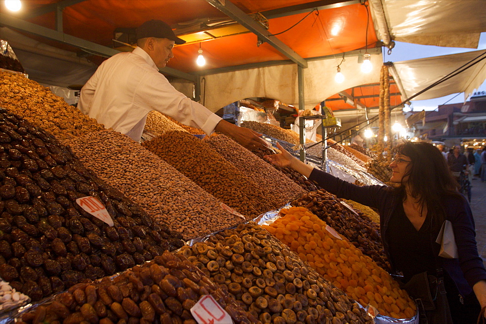 Dried fruit seller on the Jemaa el Fna square in Marrakech, Morocco, North Africa, Africa