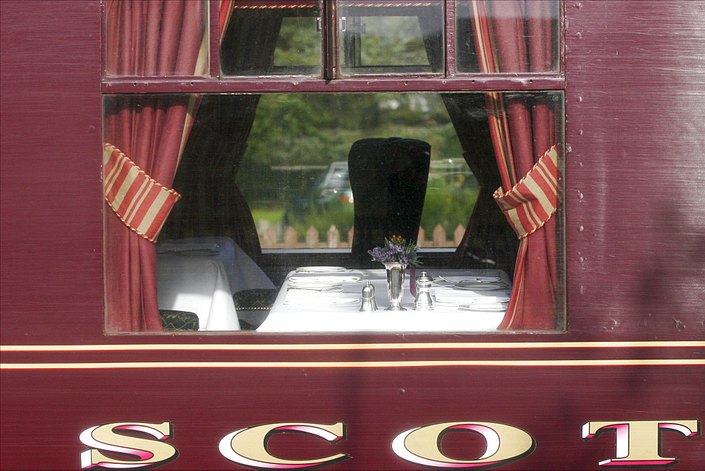 The cosy dining car of the Royal Scotsman train, Scotland, United Kingdom, Europe