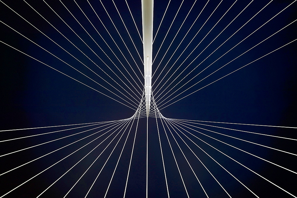 Detail of one of the bridges by Santiago Calatrava, at night, Three Bridges over the River Hoofdvaart, Hoofddorp, The Netherlands, Europe