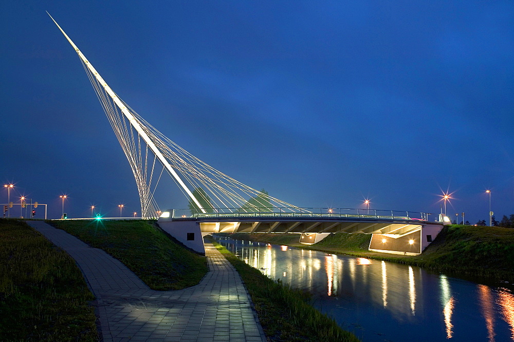 One of the bridges by Santiago Calatrava, at dusk, Three Bridges over the River Hoofdvaart, Hoofddorp, The Netherlands, Europe