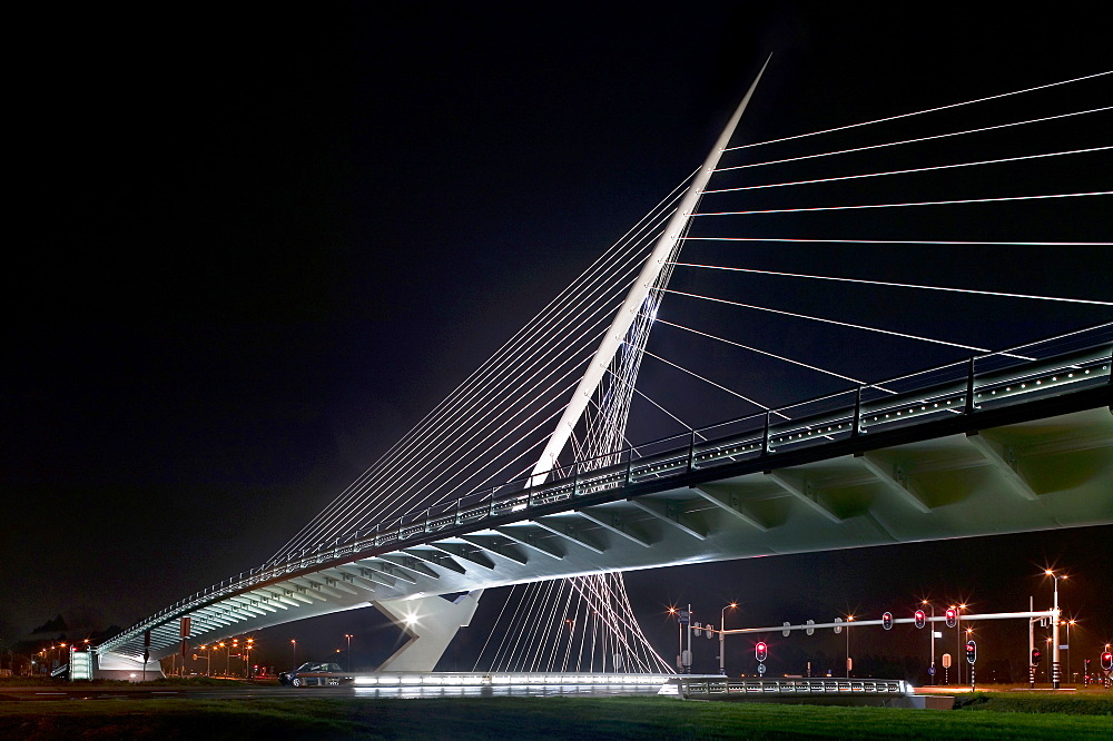 One of the bridges by Santiago Calatrava, at night, Three Bridges over the River Hoofdvaart, Hoofddorp, The Netherlands, Europe