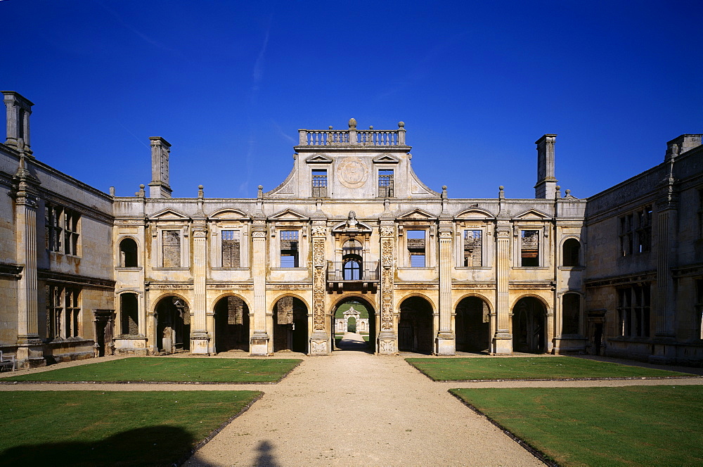 Inner courtyard looking towards loggia, Kirby Hall, Northamptonshire, England, United Kingdom, Europe


