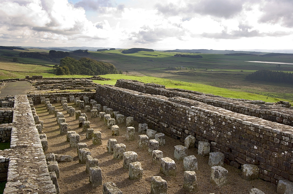 General view of the north granary, Housesteads Vercovicium, Hadrians Wall, UNESCO World Heritage Site, Northumberland, England, United Kingdom, Europe