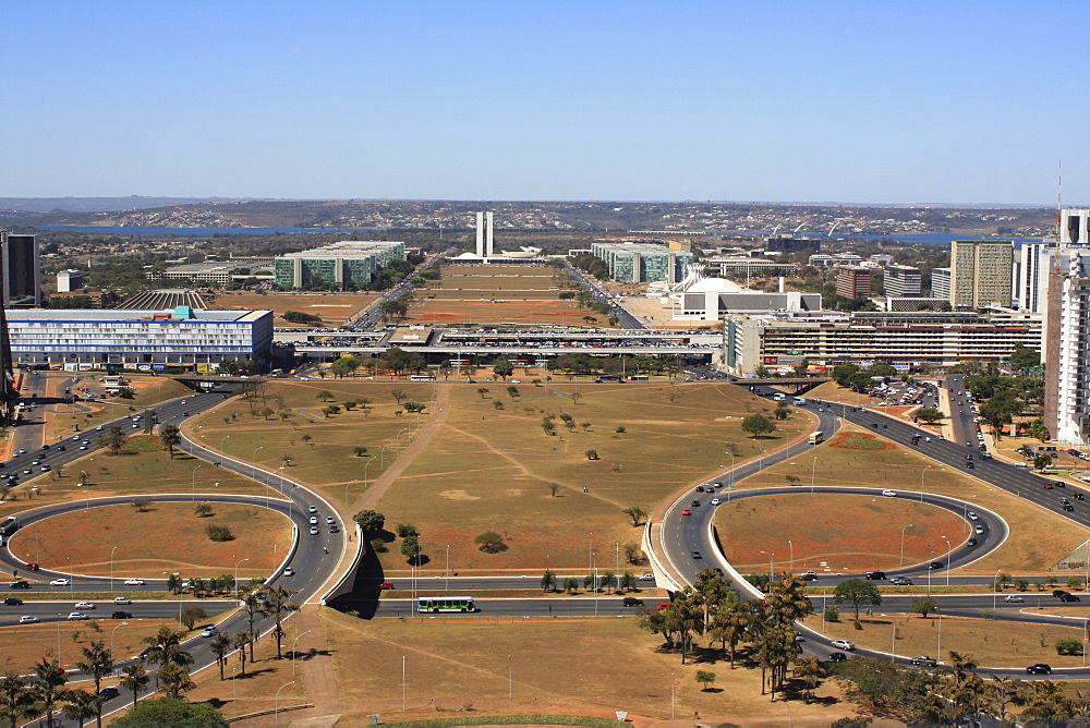 Aerial view of city, architects Oscar Niemeyer and Lucio Costa, Brasilia, Brazil, South America