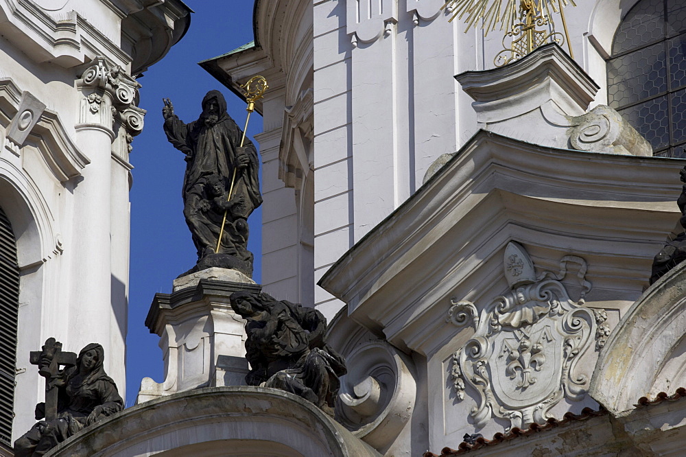 Detail of statues and pediments, Church of St. Nicholas, Old Town, Prague, Czech Republic, Europe