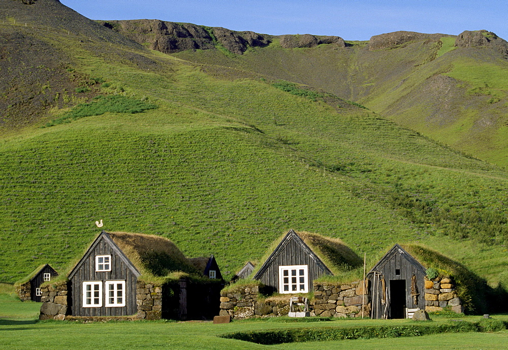 Turf houses with grass roofs, Folk Museum, Skogar, Iceland, Polar Regions