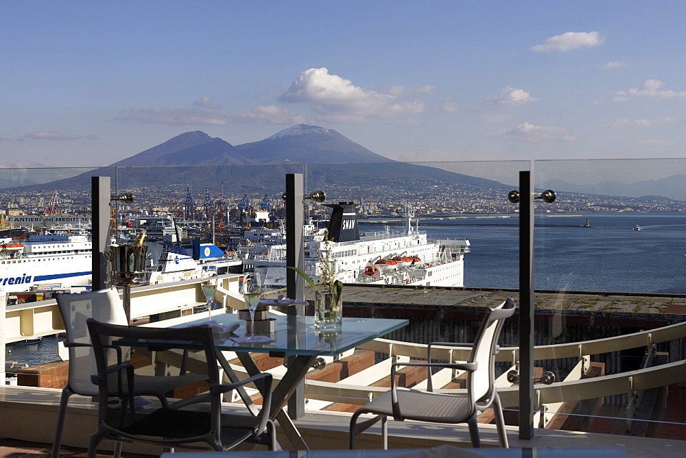 Hotel Romeo restaurant terrace and Mount Vesuvius, Naples, Campania, Italy, Europe