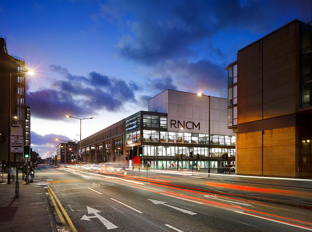 Exterior dusk shot of the Royal Northern College of Music, Manchester, Greater Manchester, England, United Kingdom, Europe