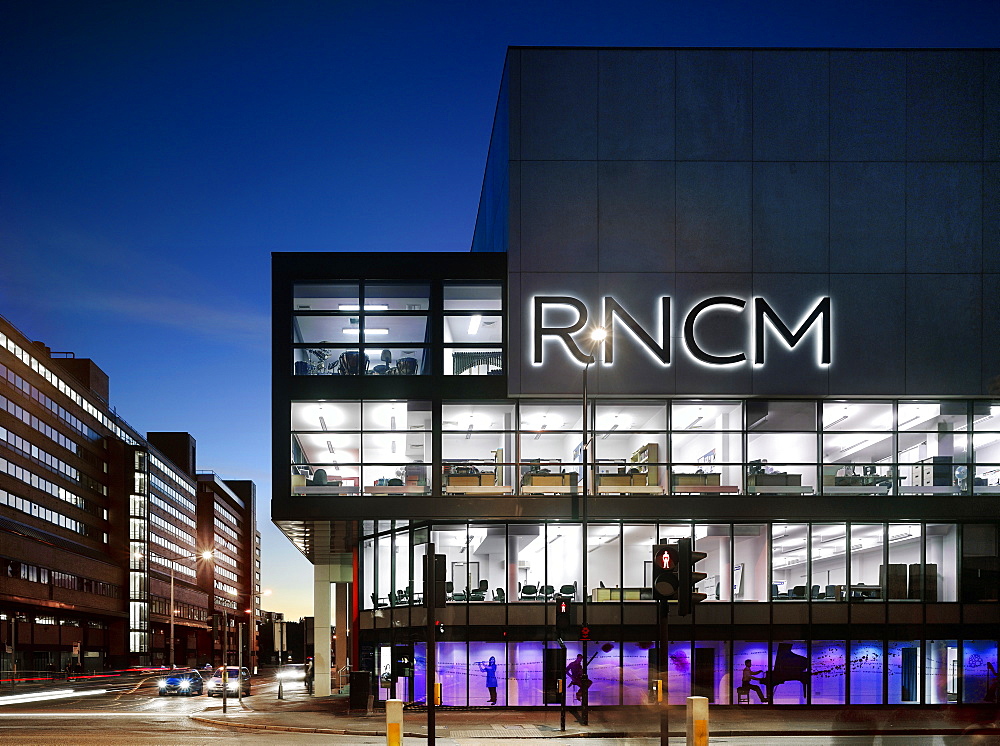 Exterior dusk view of the Royal Northern College of Music, architects MBLA, Manchester, Greater Manchester, England, United Kingdom, Europe