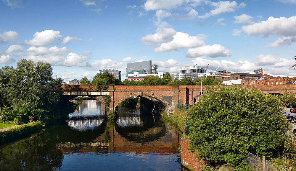 View of the Civil Justice Centre and River Irwell, Manchester, England, United Kingdom, Europe