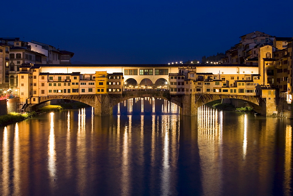 Ponte Vecchio over the River Arno at night, Florence, Tuscany, Italy, Europe
