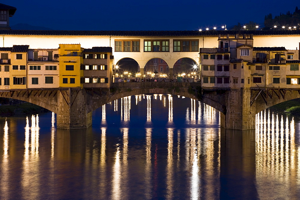 Ponte Vecchio over the River Arno at night, Florence, Tuscany, Italy, Europe