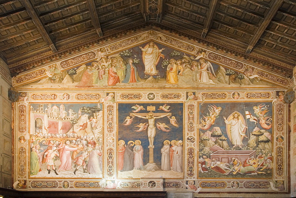 The Crucifixion by Taddeo Gaddi, fresco in the Sacristy, Basilica of Santa Croce, Florence, Tuscany, Italy, Europe