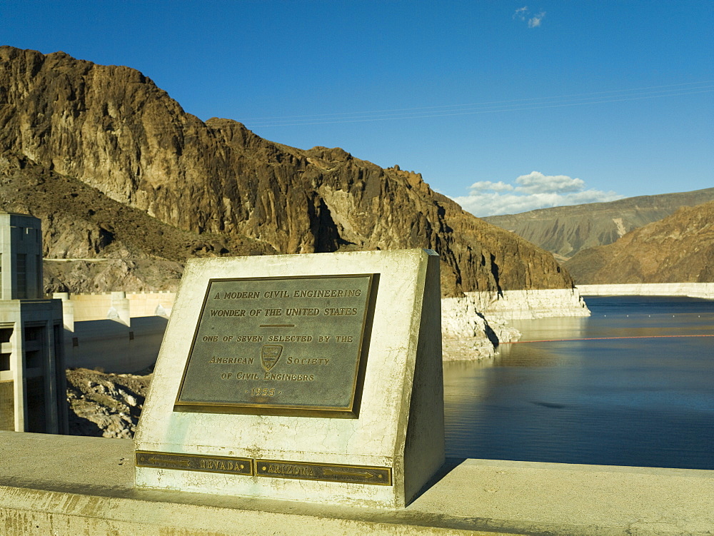 Hoover Dam plaque showing the dividing line between Nevada and Arizona states, United States of America, North America