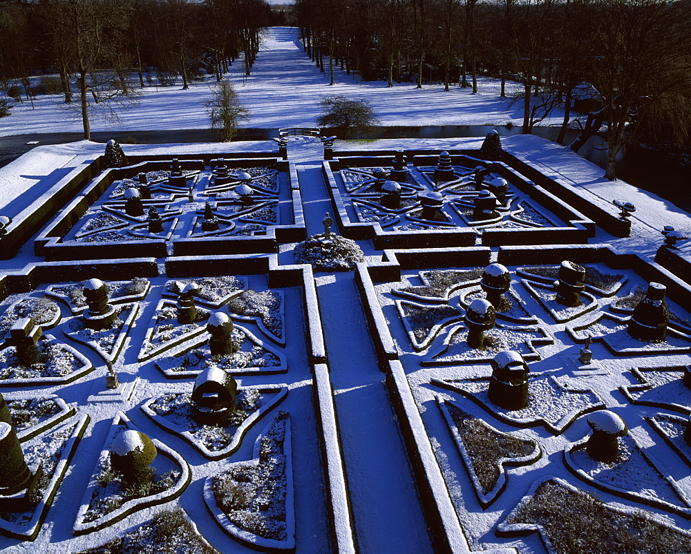 The snow covered knot gardens at Great Fosters, Surrey, England, United Kingdom, Europe